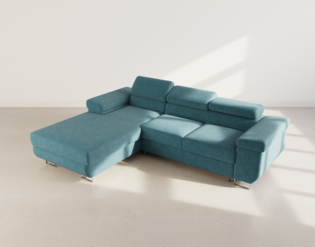 Canapé d'angle gauche 6 places convertible avec coffre et têtières réglables en velours côtelé Pablo