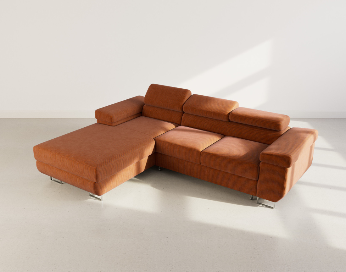 Canapé d'angle gauche 6 places convertible avec coffre et têtières réglables en velours côtelé Pablo