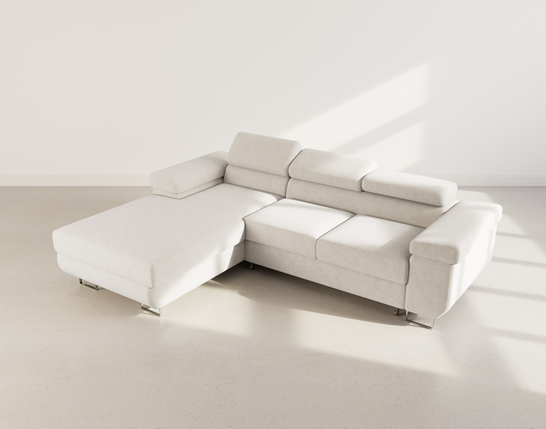 Canapé d'angle gauche 6 places convertible avec coffre et têtières réglables en velours côtelé Pablo