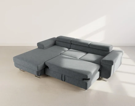 Canapé d'angle gauche 6 places convertible avec coffre et têtières réglables en velours côtelé Pablo