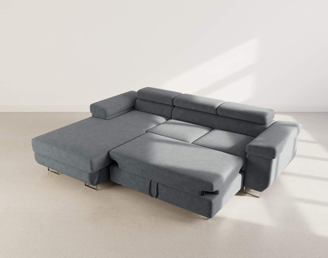 Canapé d'angle gauche 6 places convertible avec coffre et têtières réglables en velours côtelé Pablo