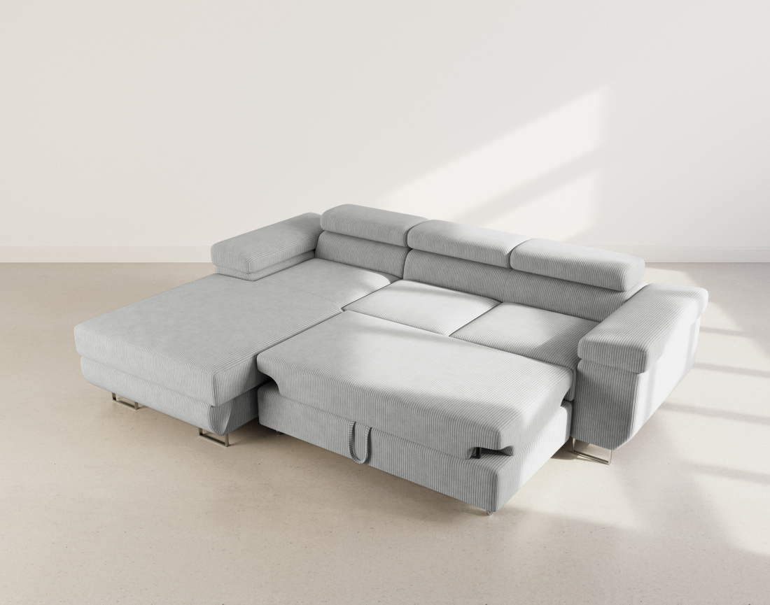 Canapé d'angle gauche 6 places convertible avec coffre et têtières réglables en velours côtelé Pablo