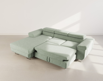 Canapé d'angle gauche 6 places convertible avec coffre et têtières réglables en velours côtelé Pablo