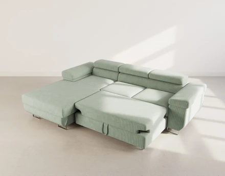 Canapé d'angle gauche 6 places convertible avec coffre et têtières réglables en velours côtelé Pablo