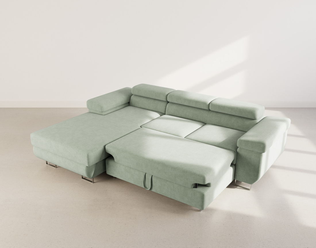 Canapé d'angle gauche 6 places convertible avec coffre et têtières réglables en velours côtelé Pablo