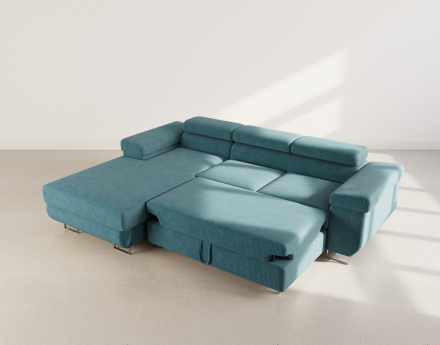 Canapé d'angle gauche 6 places convertible avec coffre et têtières réglables en velours côtelé Pablo