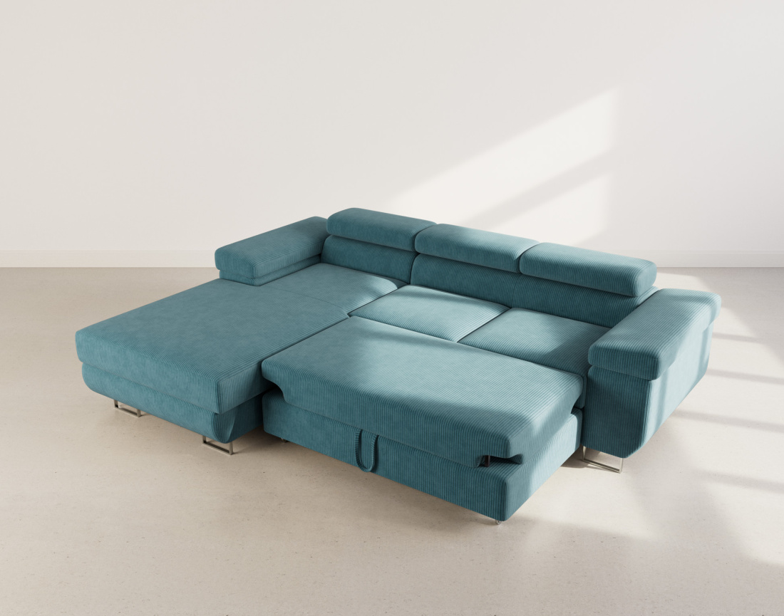 Canapé d'angle gauche 6 places convertible avec coffre et têtières réglables en velours côtelé Pablo