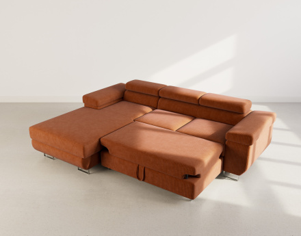 Canapé d'angle gauche 6 places convertible avec coffre et têtières réglables en velours côtelé Pablo