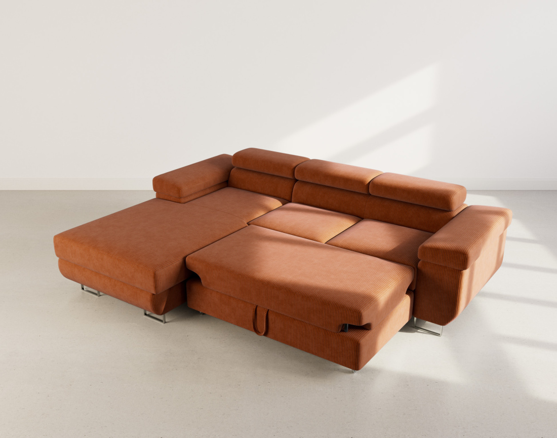 Canapé d'angle gauche 6 places convertible avec coffre et têtières réglables en velours côtelé Pablo