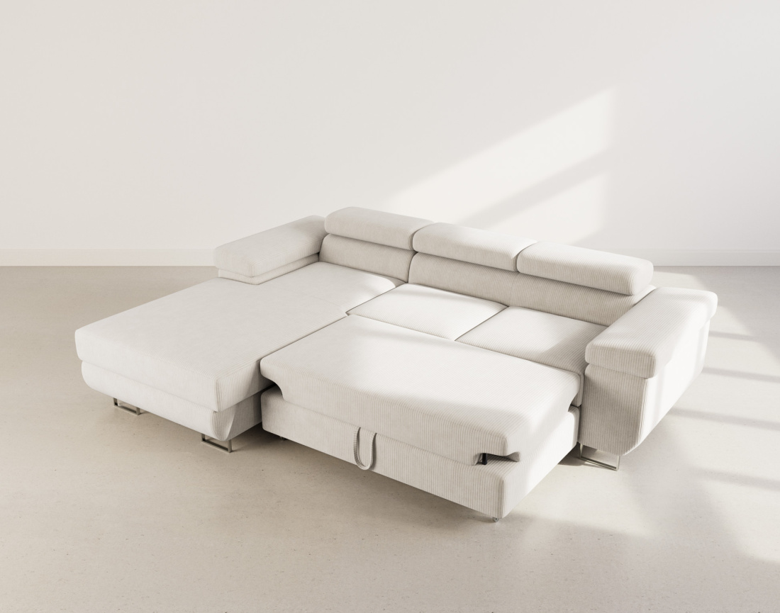 Canapé d'angle gauche 6 places convertible avec coffre et têtières réglables en velours côtelé Pablo