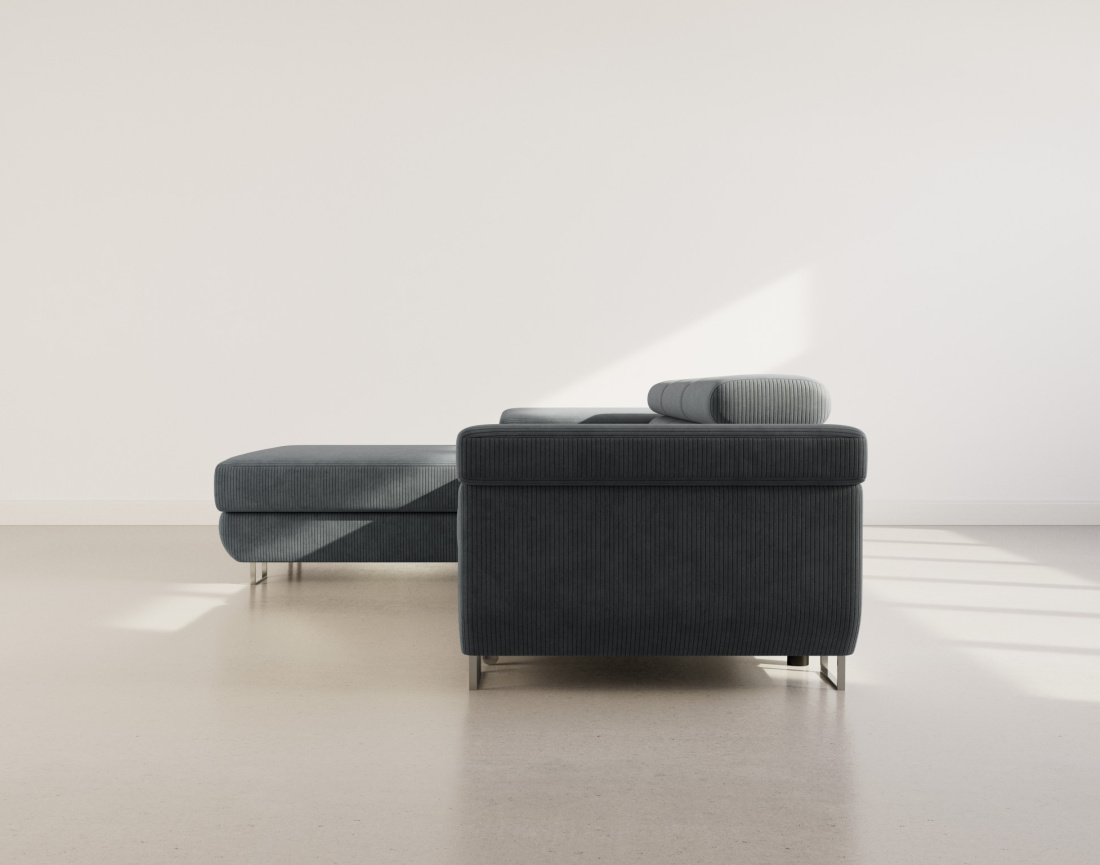 Canapé d'angle gauche 6 places convertible avec coffre et têtières réglables en velours côtelé Pablo