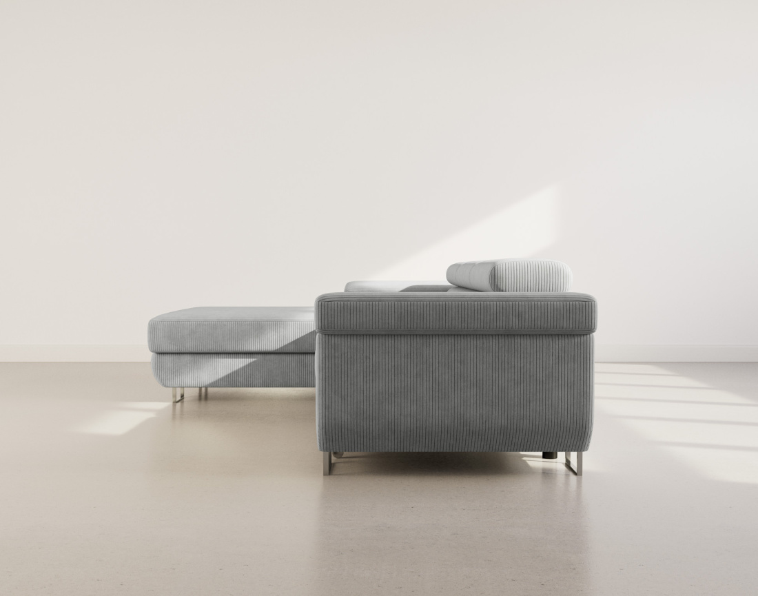 Canapé d'angle gauche 6 places convertible avec coffre et têtières réglables en velours côtelé Pablo