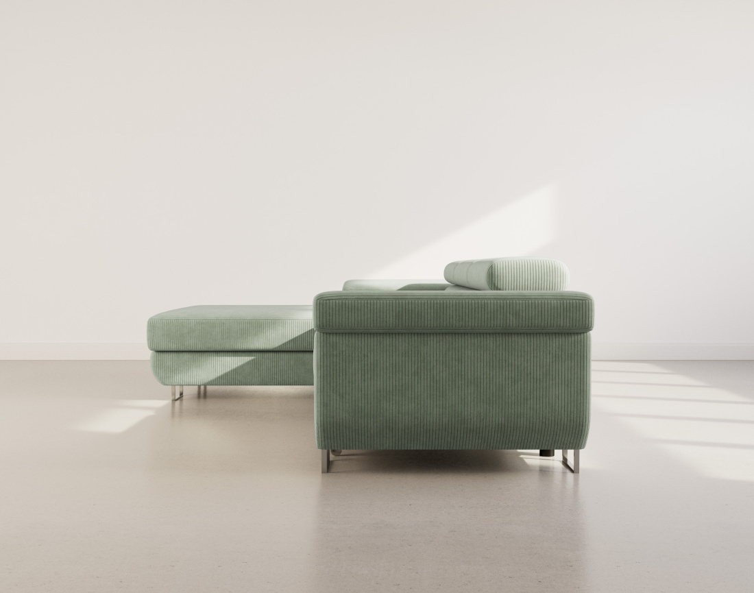 Canapé d'angle gauche 6 places convertible avec coffre et têtières réglables en velours côtelé Pablo