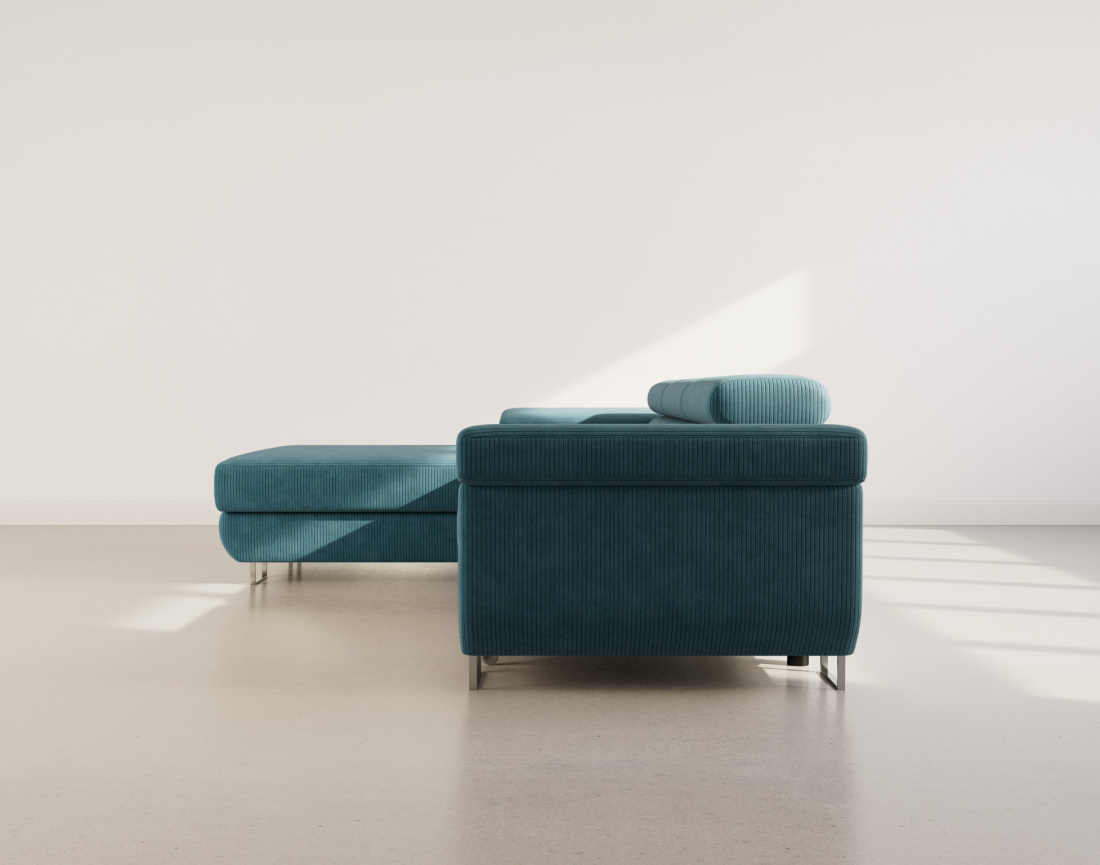 Canapé d'angle gauche 6 places convertible avec coffre et têtières réglables en velours côtelé Pablo