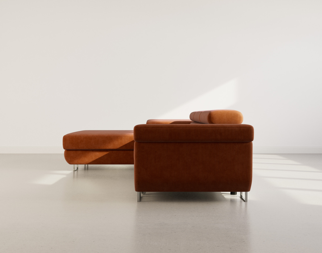 Canapé d'angle gauche 6 places convertible avec coffre et têtières réglables en velours côtelé Pablo