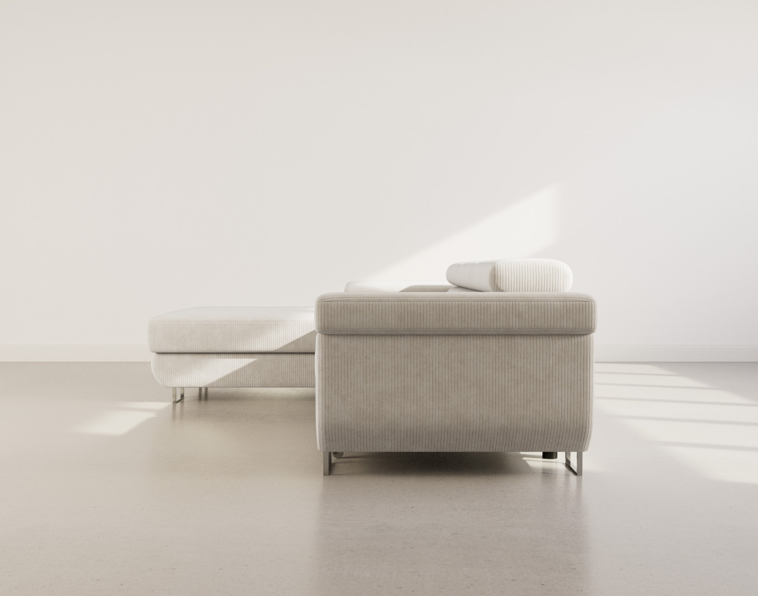 Canapé d'angle gauche 6 places convertible avec coffre et têtières réglables en velours côtelé Pablo