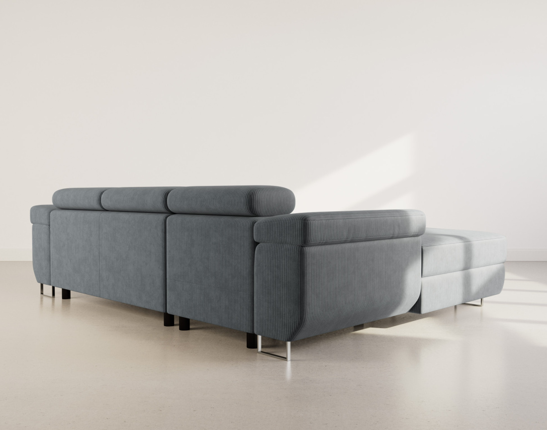 Canapé d'angle gauche 6 places convertible avec coffre et têtières réglables en velours côtelé Pablo