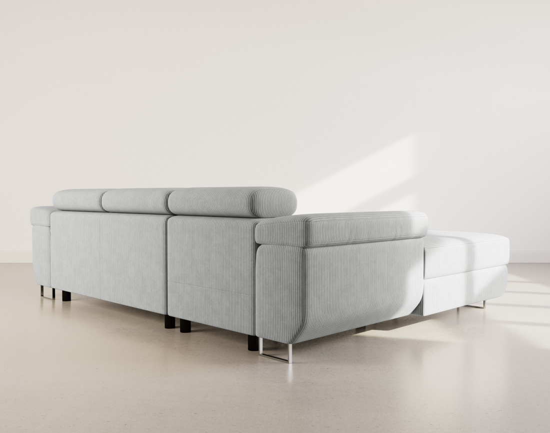 Canapé d'angle gauche 6 places convertible avec coffre et têtières réglables en velours côtelé Pablo