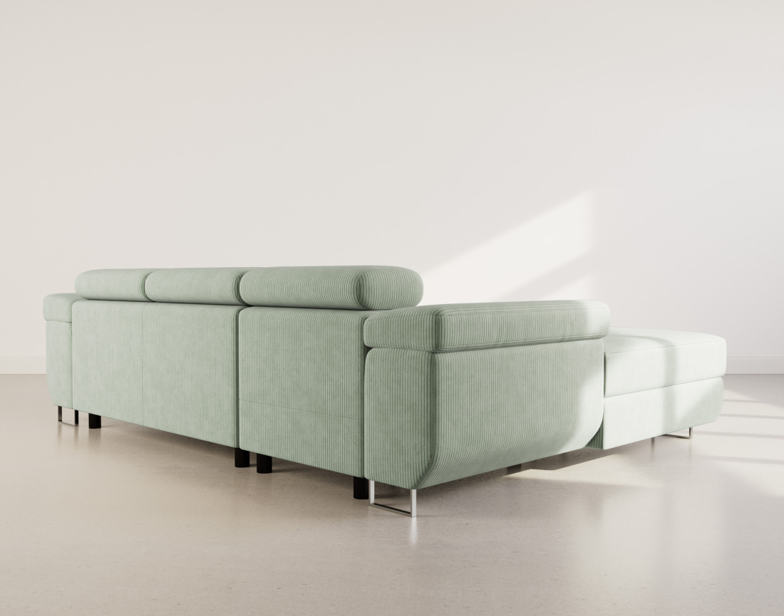 Canapé d'angle gauche 6 places convertible avec coffre et têtières réglables en velours côtelé Pablo