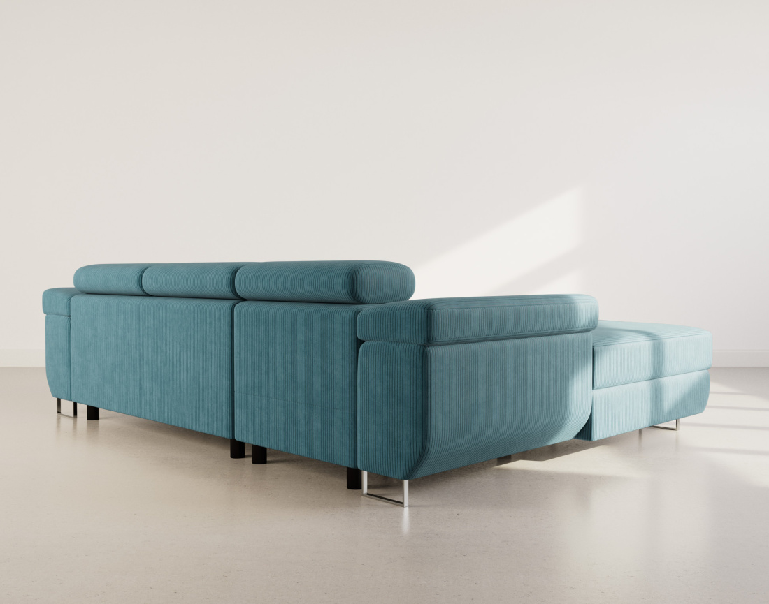 Canapé d'angle gauche 6 places convertible avec coffre et têtières réglables en velours côtelé Pablo