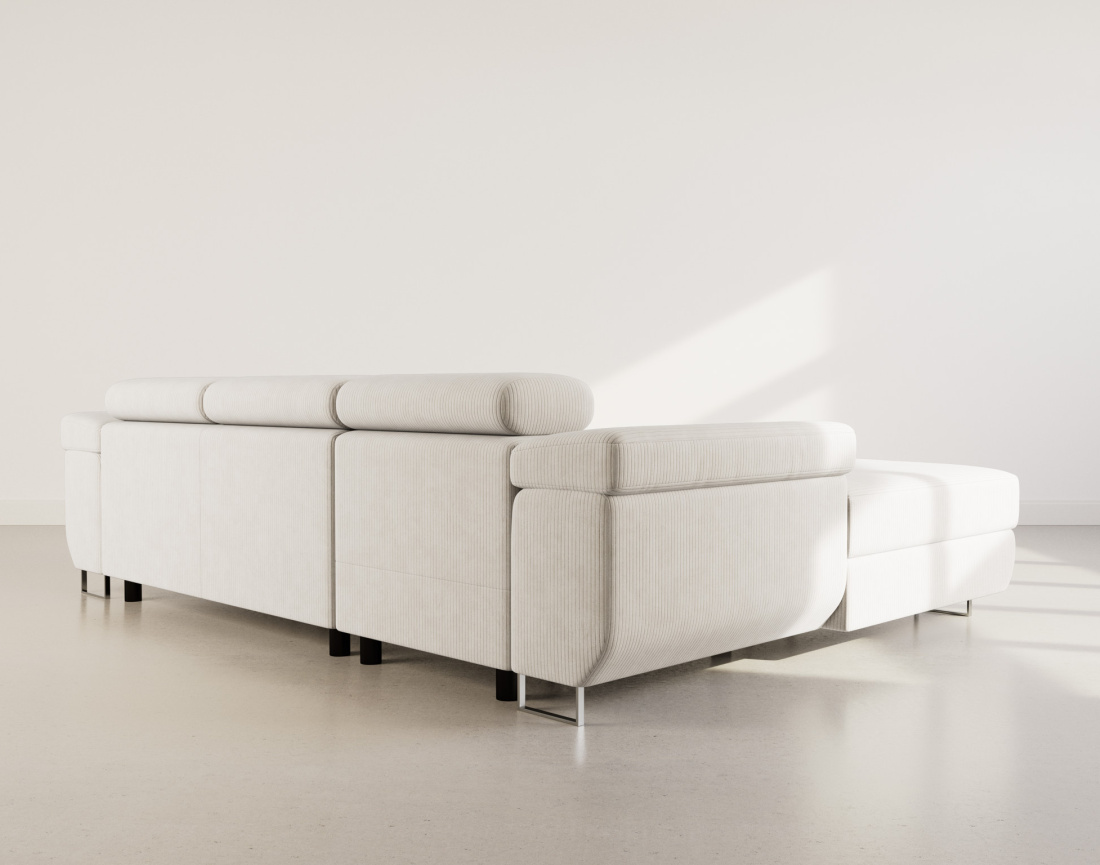 Canapé d'angle gauche 6 places convertible avec coffre et têtières réglables en velours côtelé Pablo