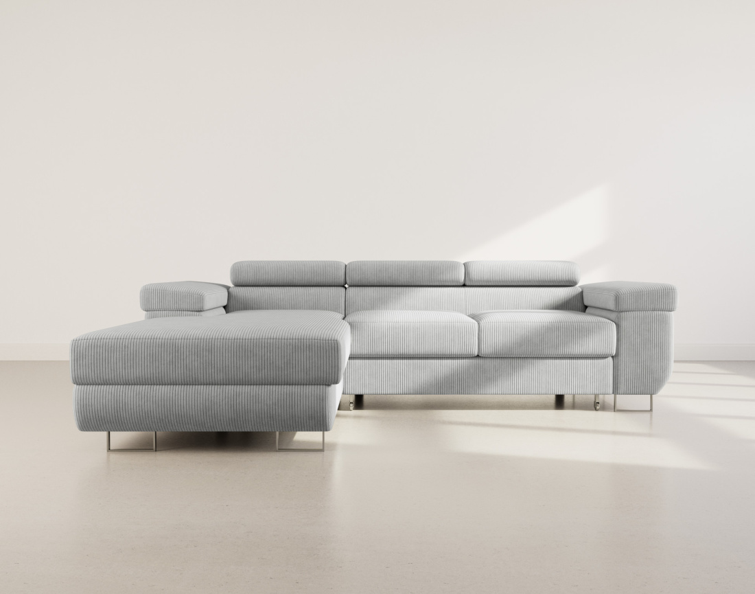 Canapé d'angle gauche 6 places convertible avec coffre et têtières réglables en velours côtelé Pablo