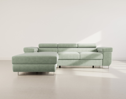 Canapé d'angle gauche 6 places convertible avec coffre et têtières réglables en velours côtelé Pablo