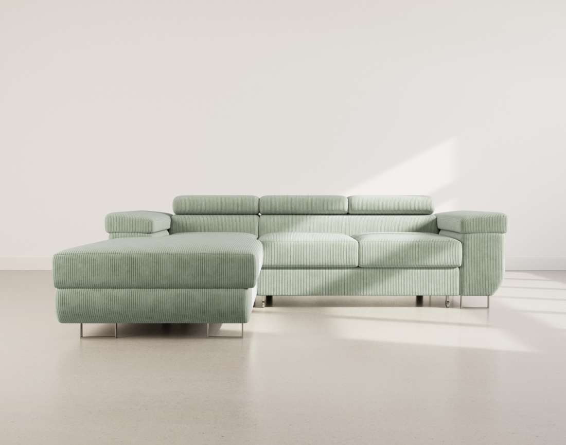 Canapé d'angle gauche 6 places convertible avec coffre et têtières réglables en velours côtelé Pablo