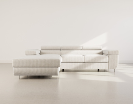 Canapé d'angle gauche 6 places convertible avec coffre et têtières réglables en velours côtelé Pablo