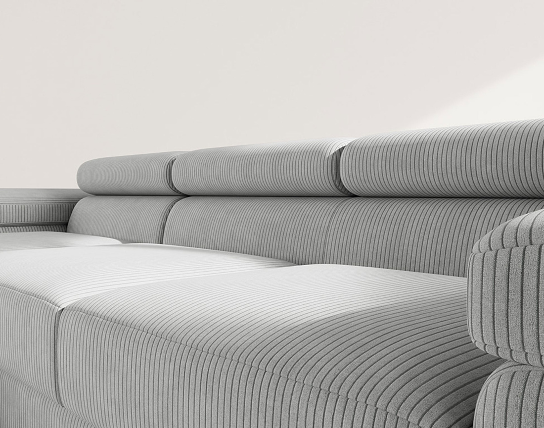 Canapé d'angle gauche 6 places convertible avec coffre et têtières réglables en velours côtelé Pablo