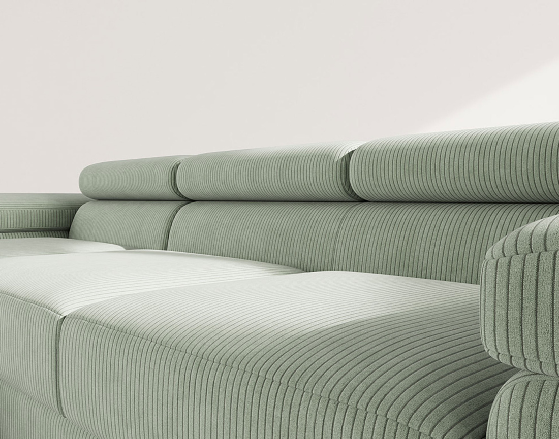 Canapé d'angle gauche 6 places convertible avec coffre et têtières réglables en velours côtelé Pablo