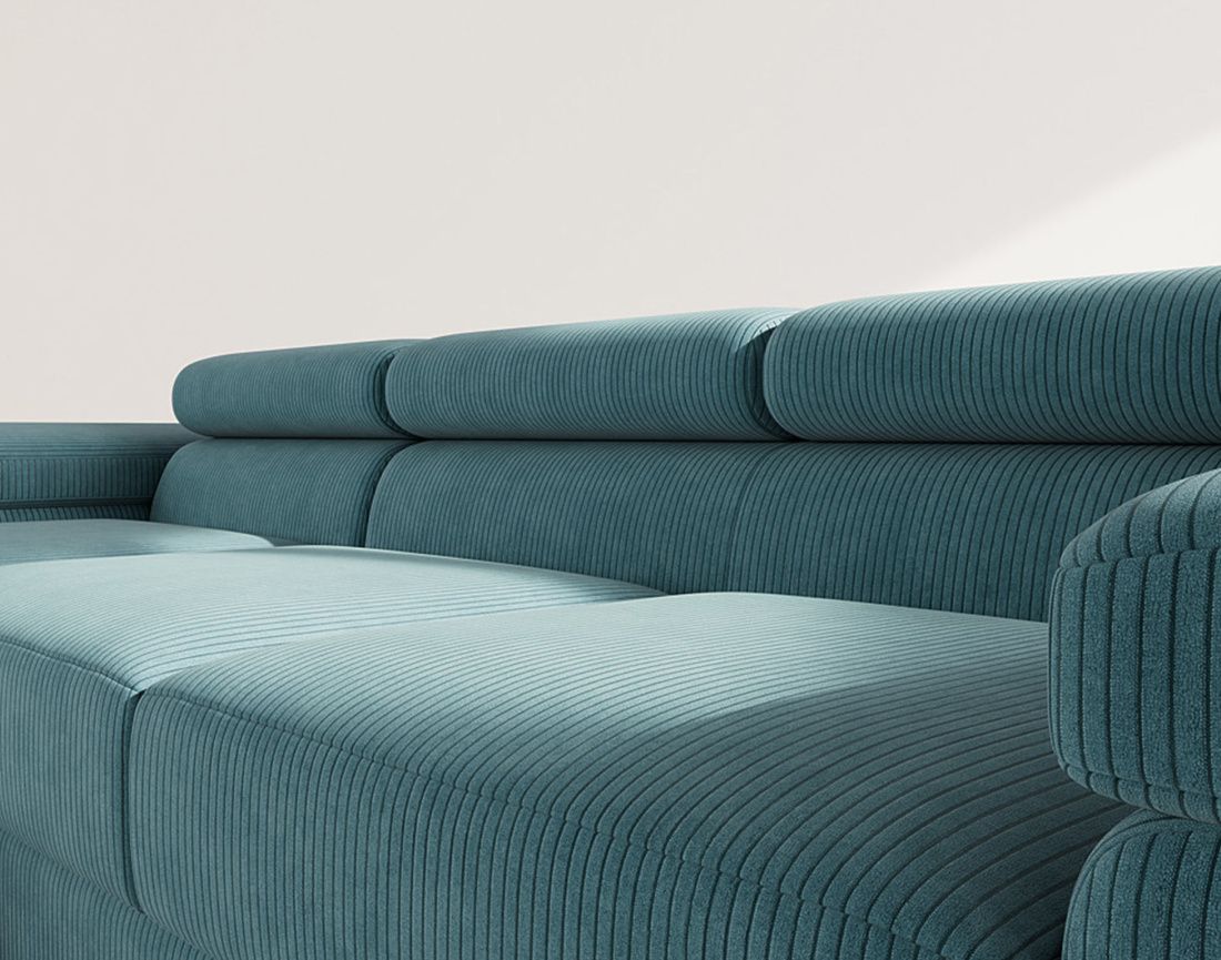 Canapé d'angle gauche 6 places convertible avec coffre et têtières réglables en velours côtelé Pablo