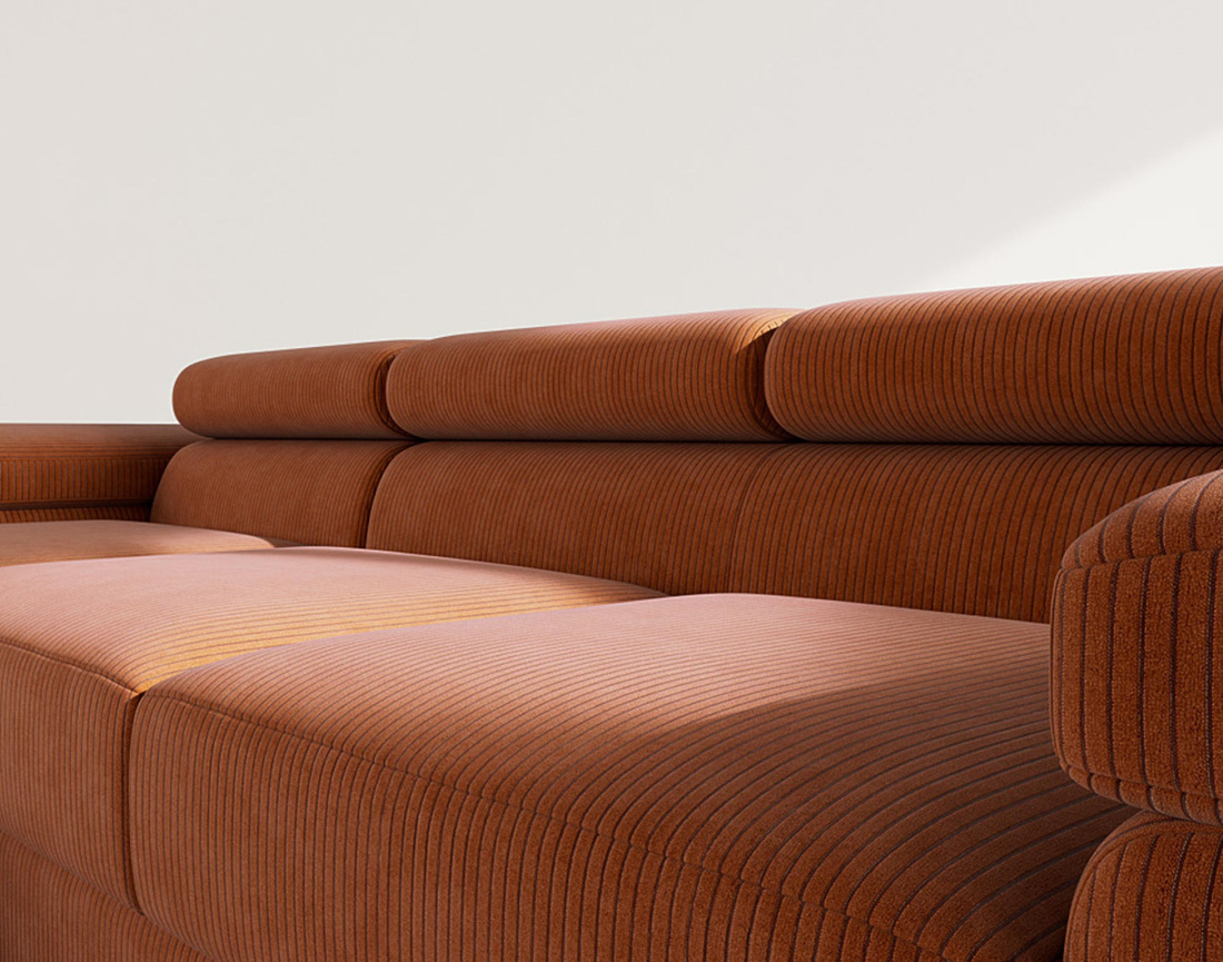 Canapé d'angle gauche 6 places convertible avec coffre et têtières réglables en velours côtelé Pablo