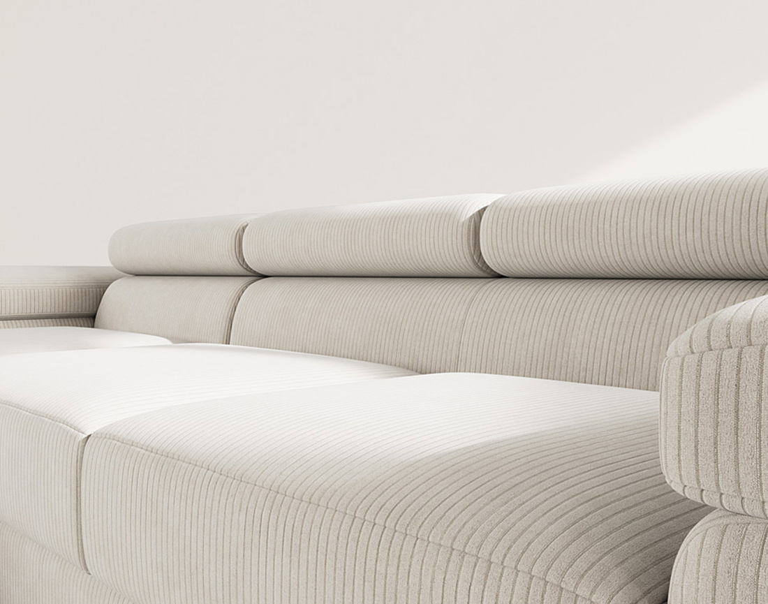 Canapé d'angle gauche 6 places convertible avec coffre et têtières réglables en velours côtelé Pablo