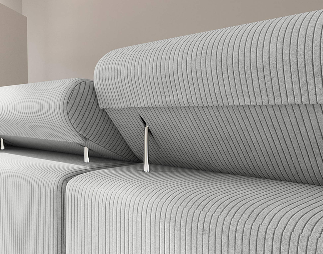 Canapé d'angle gauche 6 places convertible avec coffre et têtières réglables en velours côtelé Pablo