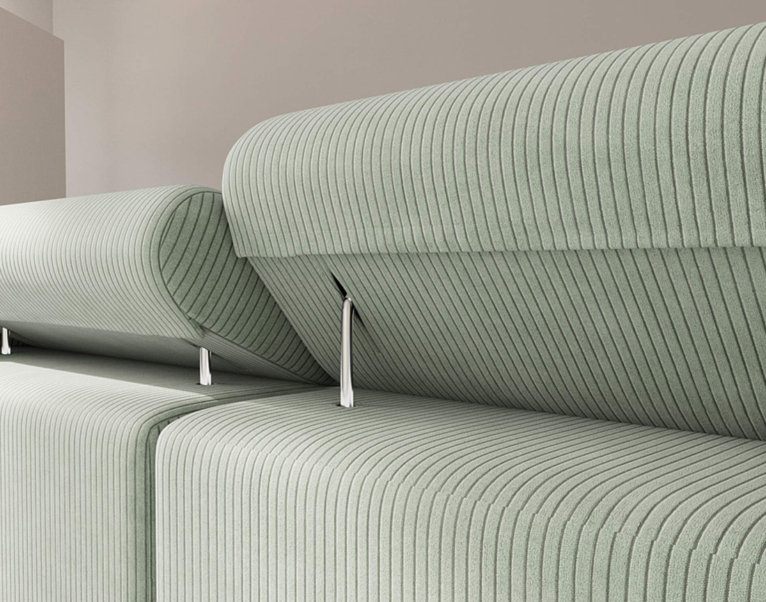 Canapé d'angle gauche 6 places convertible avec coffre et têtières réglables en velours côtelé Pablo