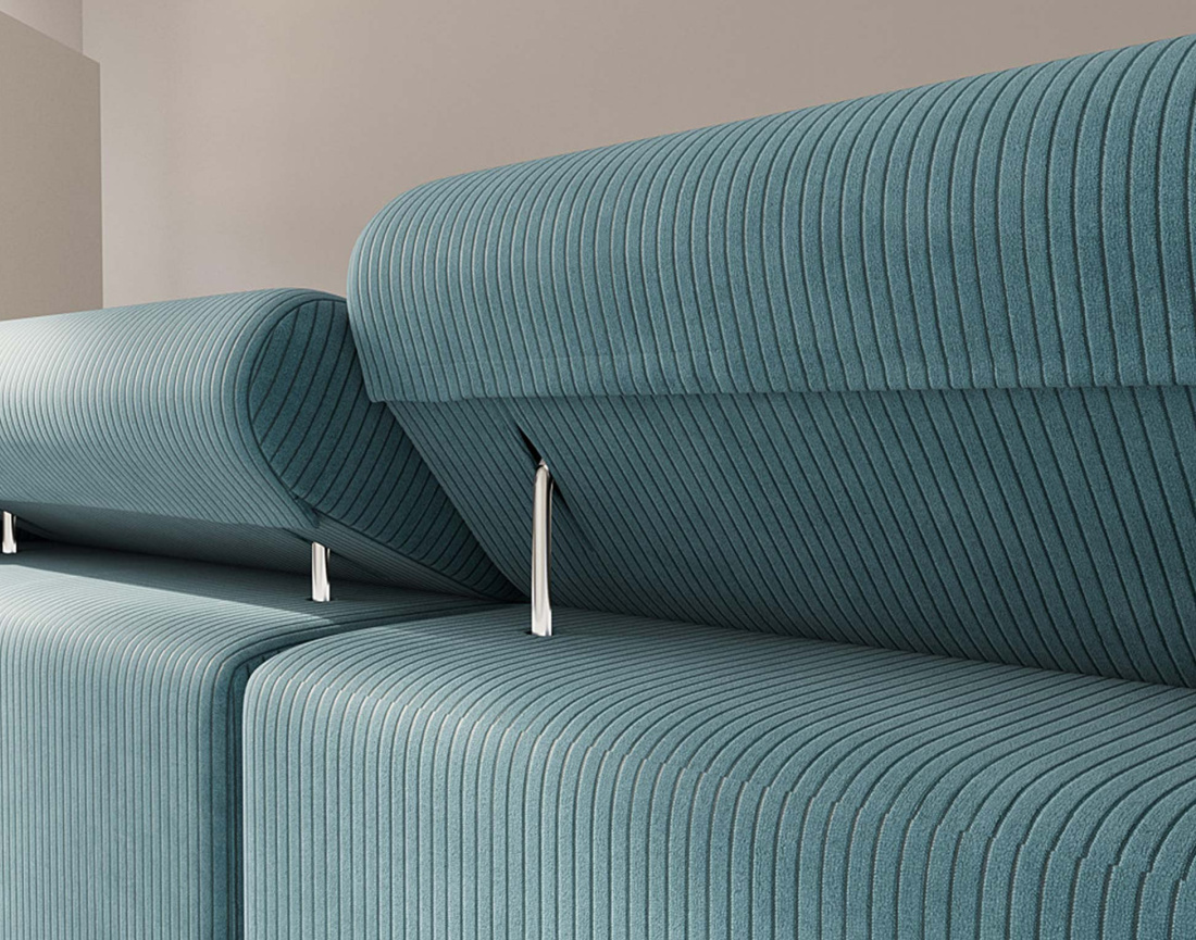 Canapé d'angle gauche 6 places convertible avec coffre et têtières réglables en velours côtelé Pablo