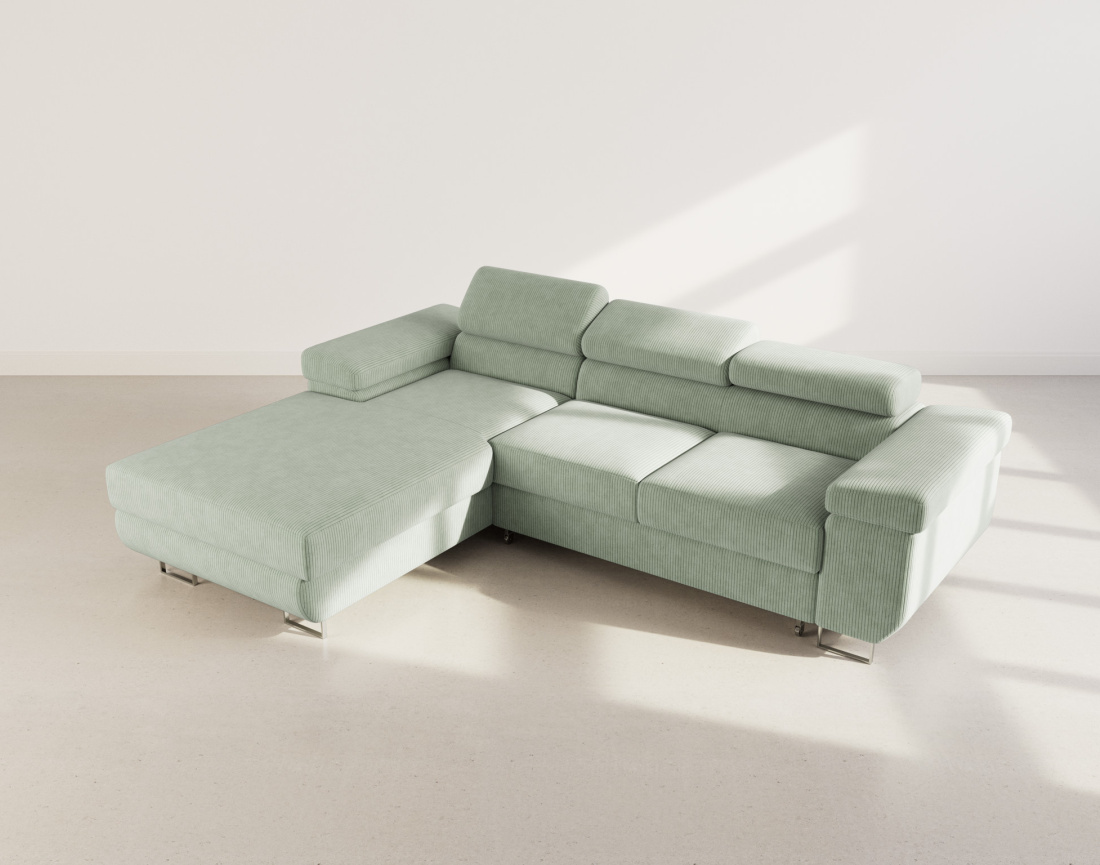 Canapé d'angle gauche 6 places convertible avec coffre et têtières réglables en velours côtelé Pablo