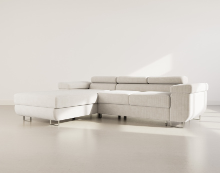 Canapé d'angle gauche 6 places convertible avec coffre et têtières réglables en velours côtelé Pablo