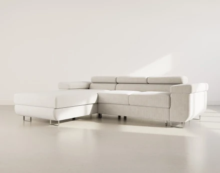 Canapé d'angle gauche 6 places convertible avec coffre et têtières réglables en velours côtelé Pablo