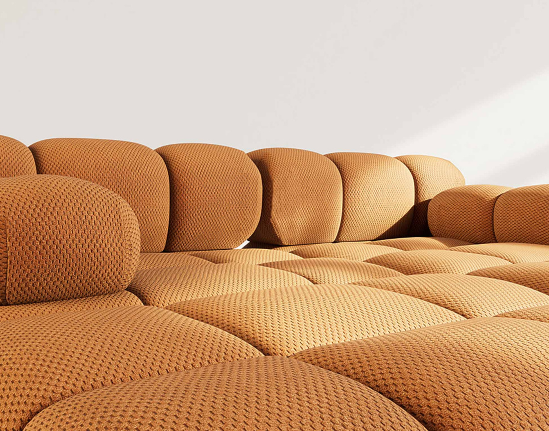 Canapé droit 4 places avec double méridienne assise profonde en velours texturé Ruby