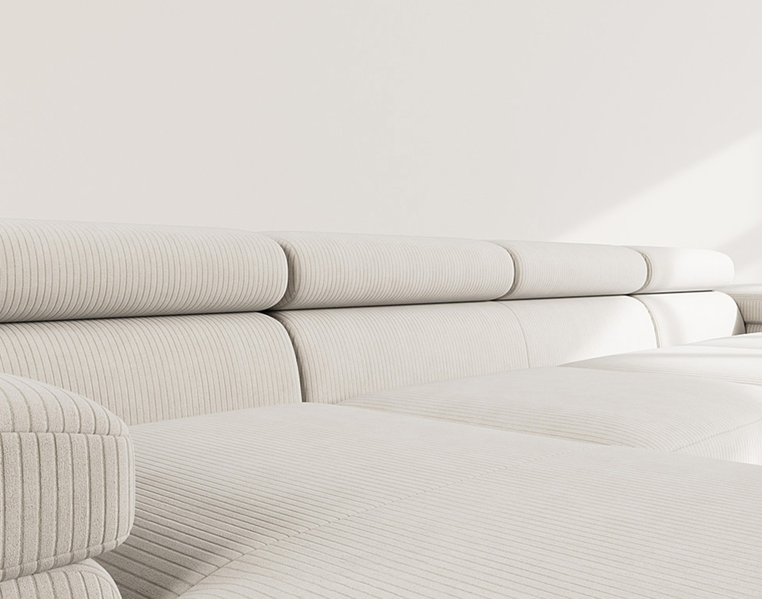 Canapé panoramique en U 7 places convertible avec coffres et têtières réglables en velours côtelé Pablo