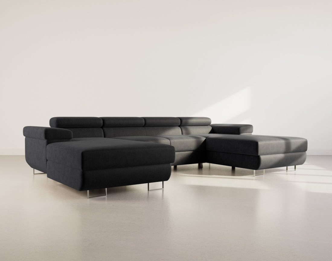 Canapé panoramique en U 7 places convertible avec coffres et têtières réglables en velours côtelé Pablo