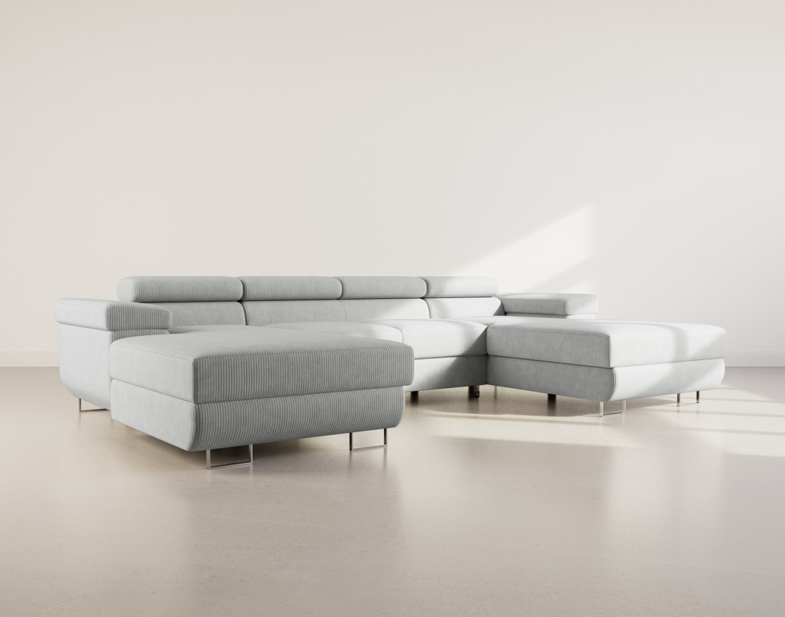 Canapé panoramique en U 7 places convertible avec coffres et têtières réglables en velours côtelé Pablo