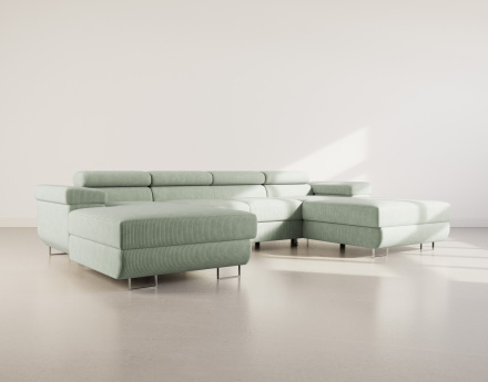 Canapé panoramique en U 7 places convertible avec coffres et têtières réglables en velours côtelé Pablo