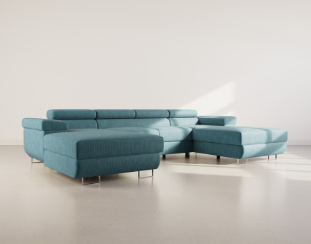 Canapé panoramique en U 7 places convertible avec coffres et têtières réglables en velours côtelé Pablo