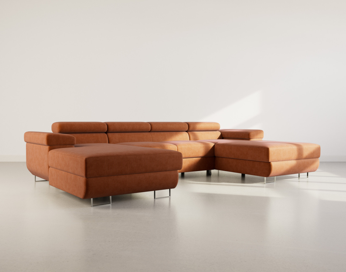 Canapé panoramique en U 7 places convertible avec coffres et têtières réglables en velours côtelé Pablo