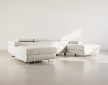 Canapé panoramique en U 7 places convertible avec coffres et têtières réglables en velours côtelé Pablo