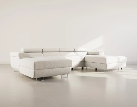 Canapé panoramique en U 7 places convertible avec coffres et têtières réglables en velours côtelé Pablo