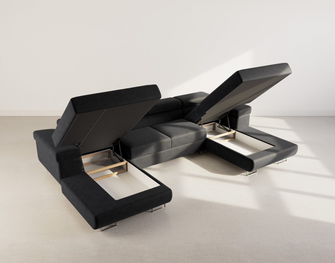 Canapé panoramique en U 7 places convertible avec coffres et têtières réglables en velours côtelé Pablo